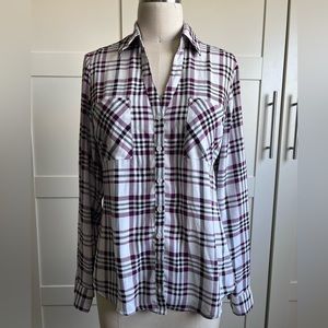 Express Portofino white, black & wine plaid shirt sz S
